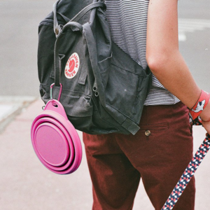 dog bowl for food and drink at walk. oink and black color.